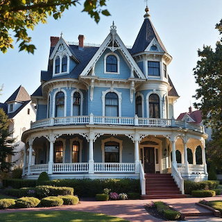 Blue Victorian mansion with white trim, turret, wraparound porch, and landscaped front yard