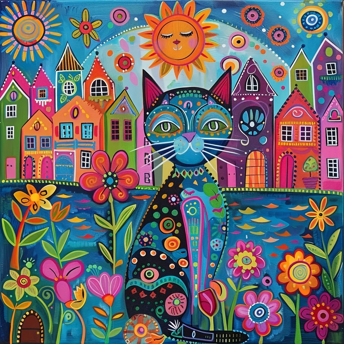 Colorful folk art cat with decorative patterns sitting before whimsical village houses, flowers, and sun