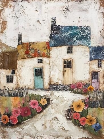 Impressionistic painting of white cottages with colorful gardens and blue roofs