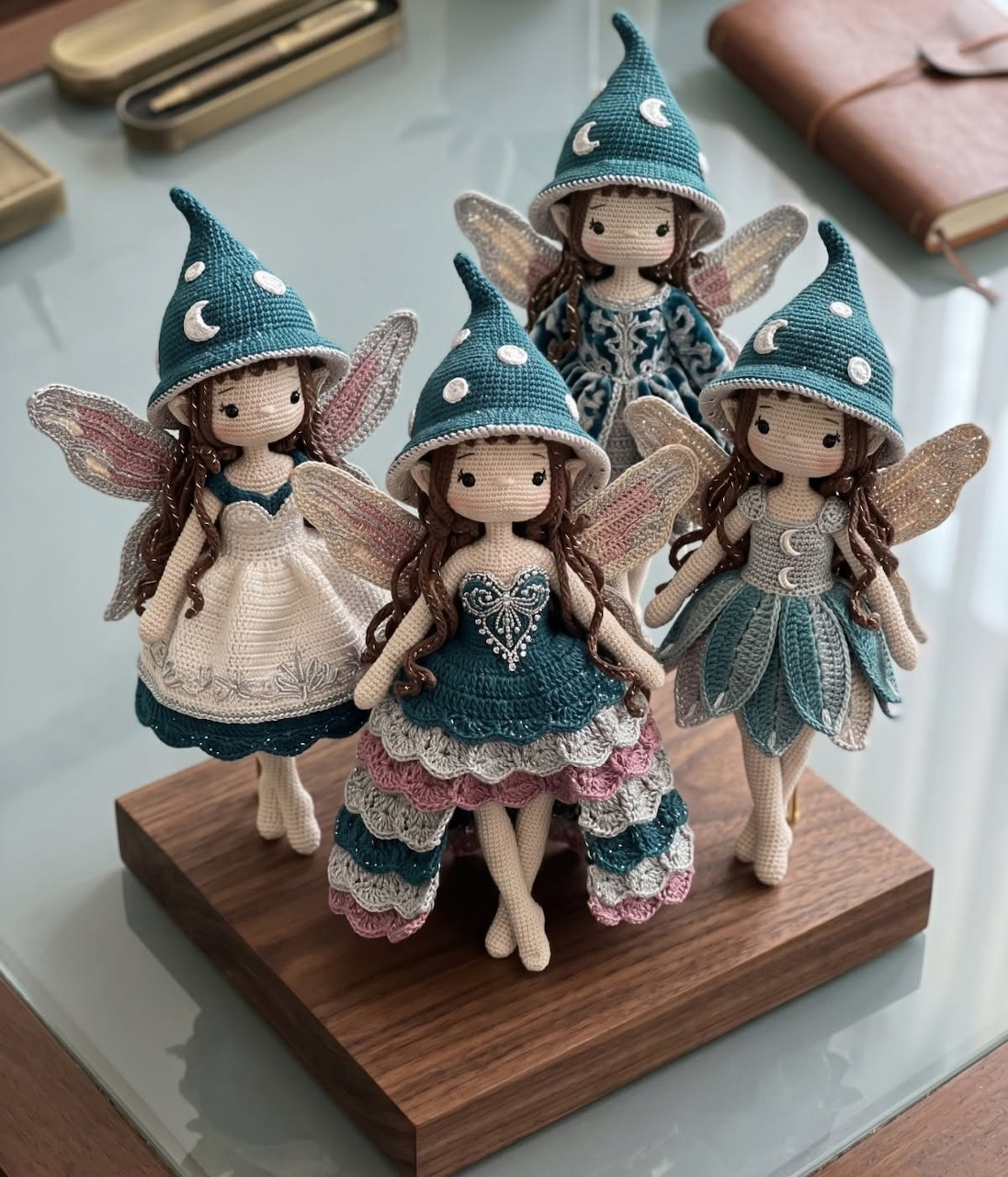 Four handmade amigurumi fairy dolls with wings and teal hats on a wooden base