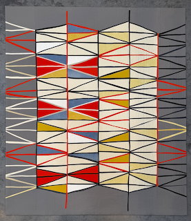 Abstract geometric painting with colorful lines and triangular patterns on a gray background