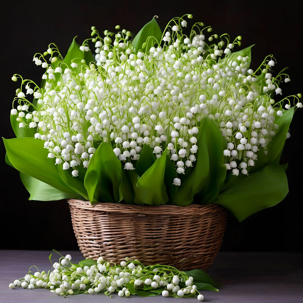 Wicker basket filled with white lily of the valley flowers and green leaves on dark background