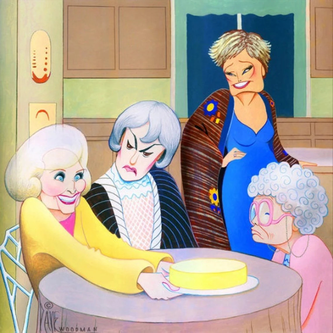 Cartoon of four elderly women around a kitchen table with a yellow cake