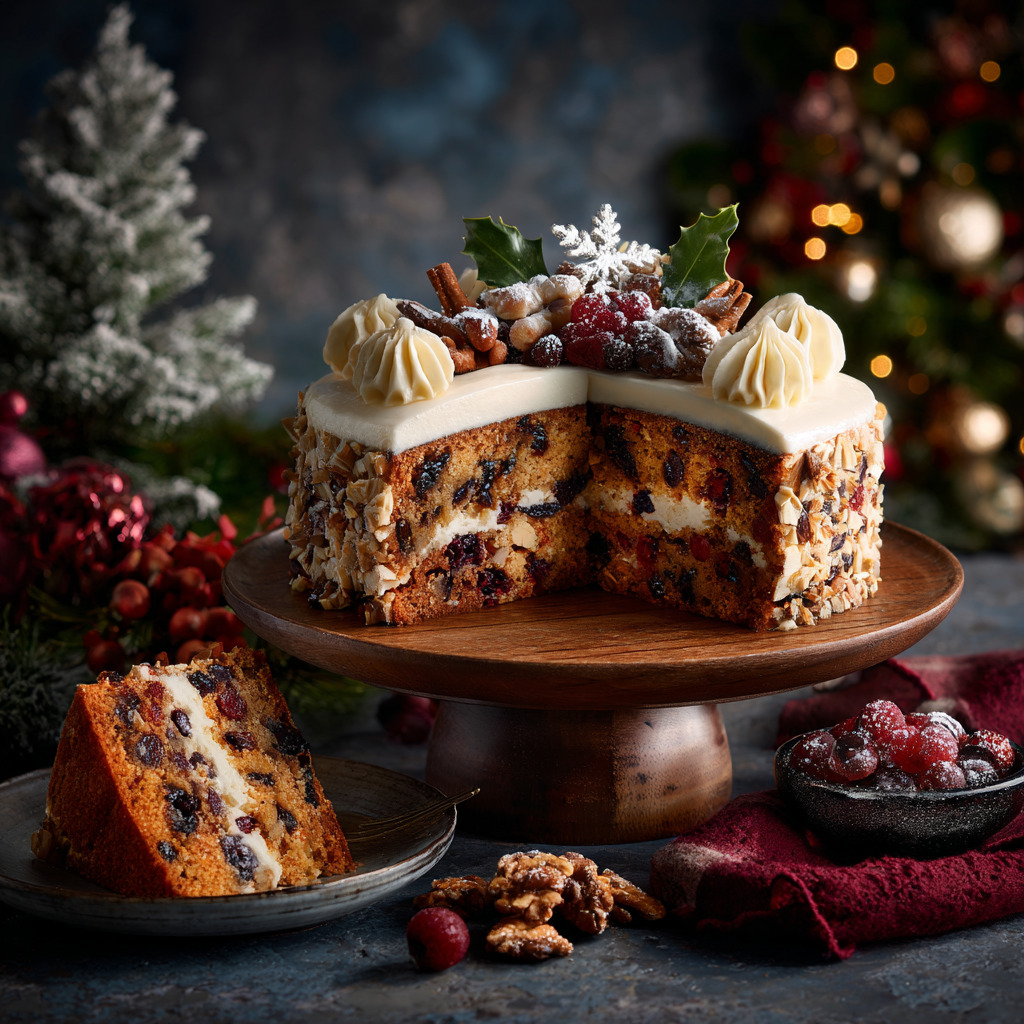 Decorated Christmas fruitcake on wooden stand with festive holiday decorations and ornaments in background