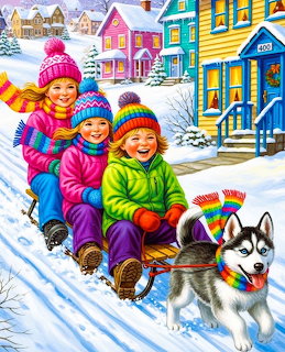 Three kids on a sled pulled by a husky in a colorful winter village scene