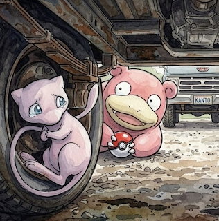 Mew hides by a truck wheel while Slowpoke sits nearby holding a Pokeball in an illustrated garage scene.