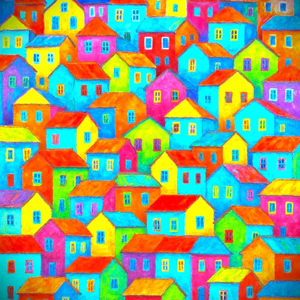 Bright colorful painting of many small houses with red roofs clustered together in pink, yellow, blue, and orange