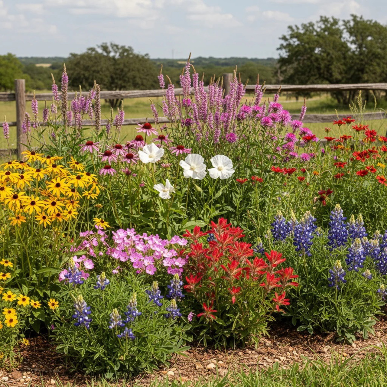 Colorful wildflower garden with purple, yellow, pink, red and blue blooms in countryside
