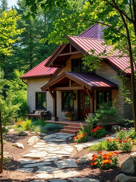 Stone cottage with red metal roof nestled in green forest with flower garden and stone walkway