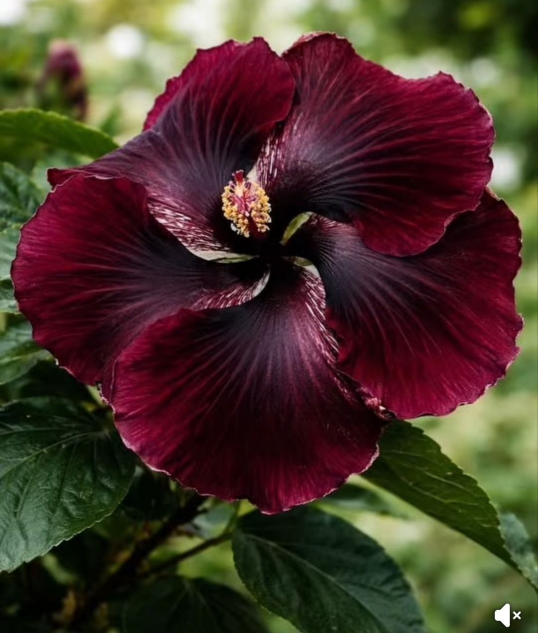 Close-up of a dark burgundy red hibiscus flower with large velvety petals and yellow center