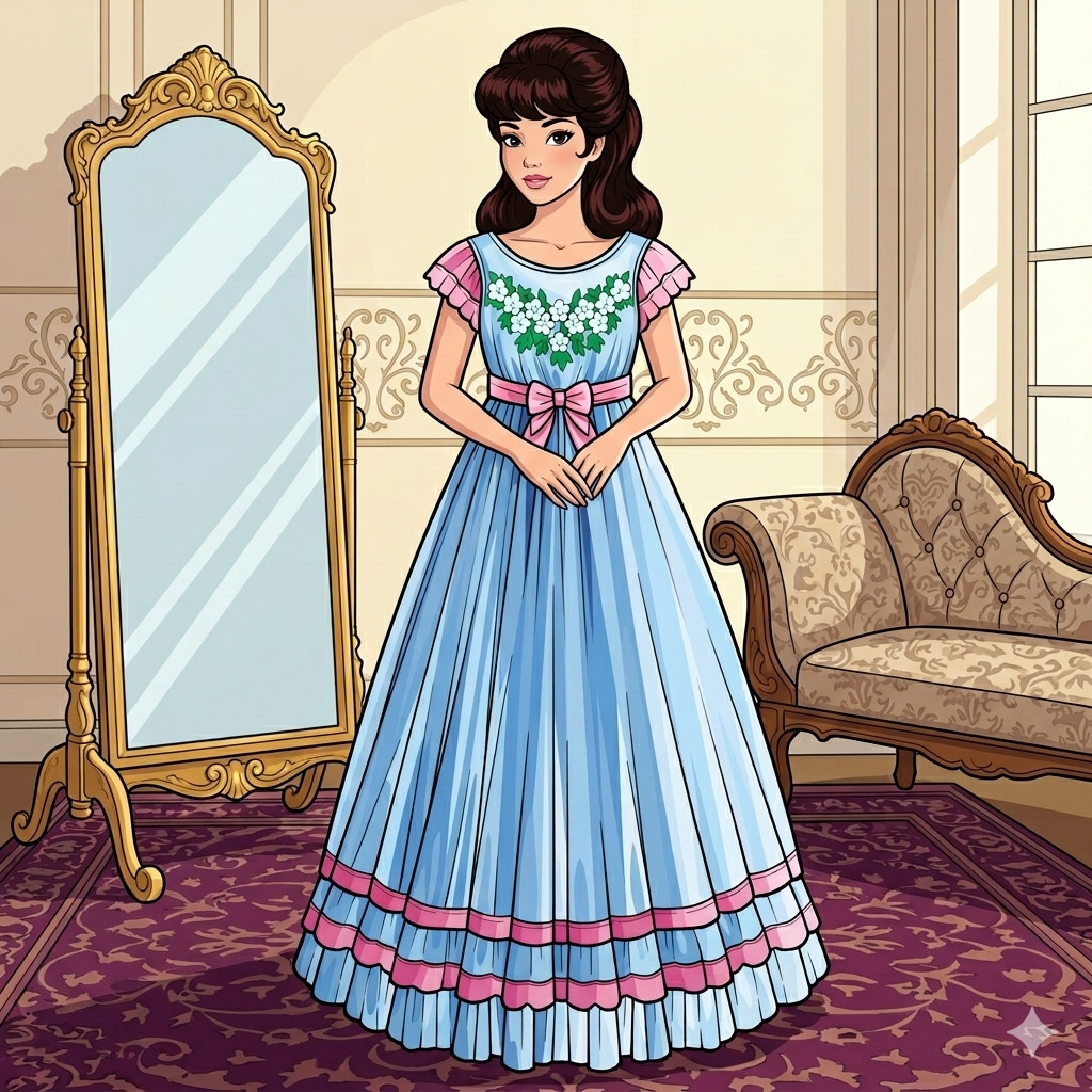 Illustrated woman in blue gown with floral bodice in Victorian room with gold mirror and antique furniture