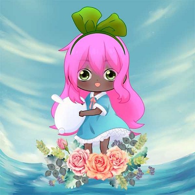 Anime doll character with pink hair, green bow, and blue dress holding cupcake over roses on blue background