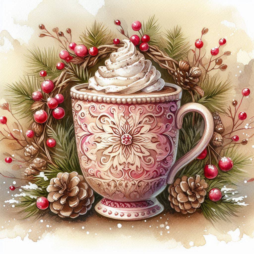 Decorated pink mug with whipped cream, surrounded by pine branches, red berries, and pine cones