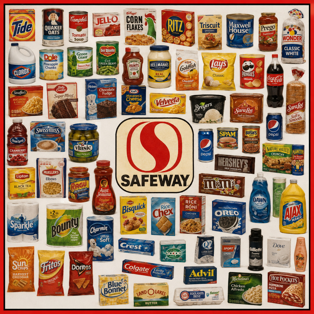 Grid collage of various packaged grocery products, snacks, and food items with recognizable brand packaging