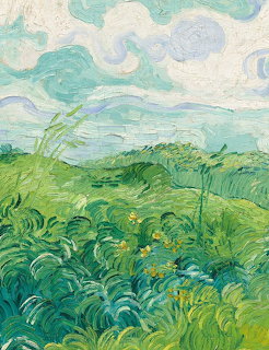 Post-impressionist oil painting of lush green wheat fields under a cloudy blue sky with visible brushstrokes