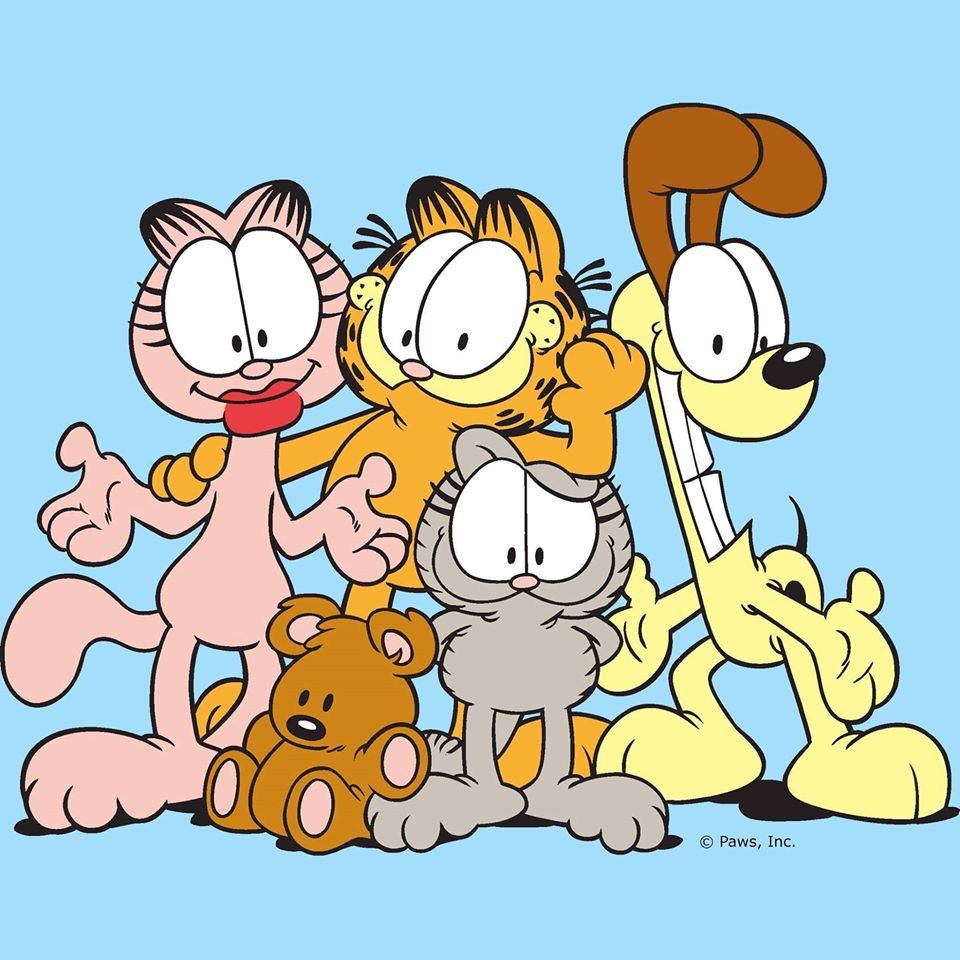 Garfield, Odie, and other cartoon friends standing together with a teddy bear on a blue background