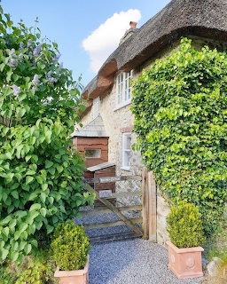 Thatched cottage with ivy-covered walls, wooden gate, and stone pathway lined with poted plants