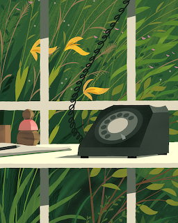 Illustration of a black rotary phone on a desk near a window with green foliage and yellow flowers outside
