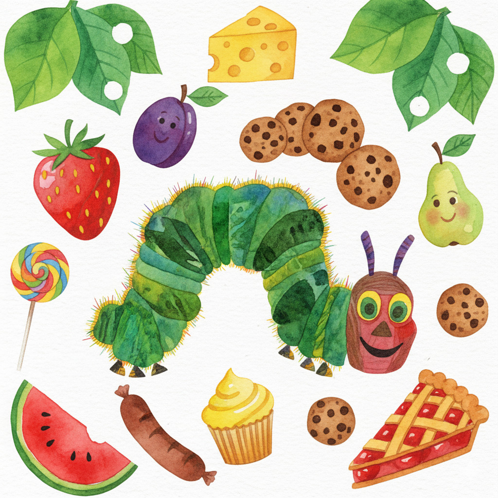 Illustrated green caterpillar with fruit, cookies, cake, leaves, and sweets on a white background
