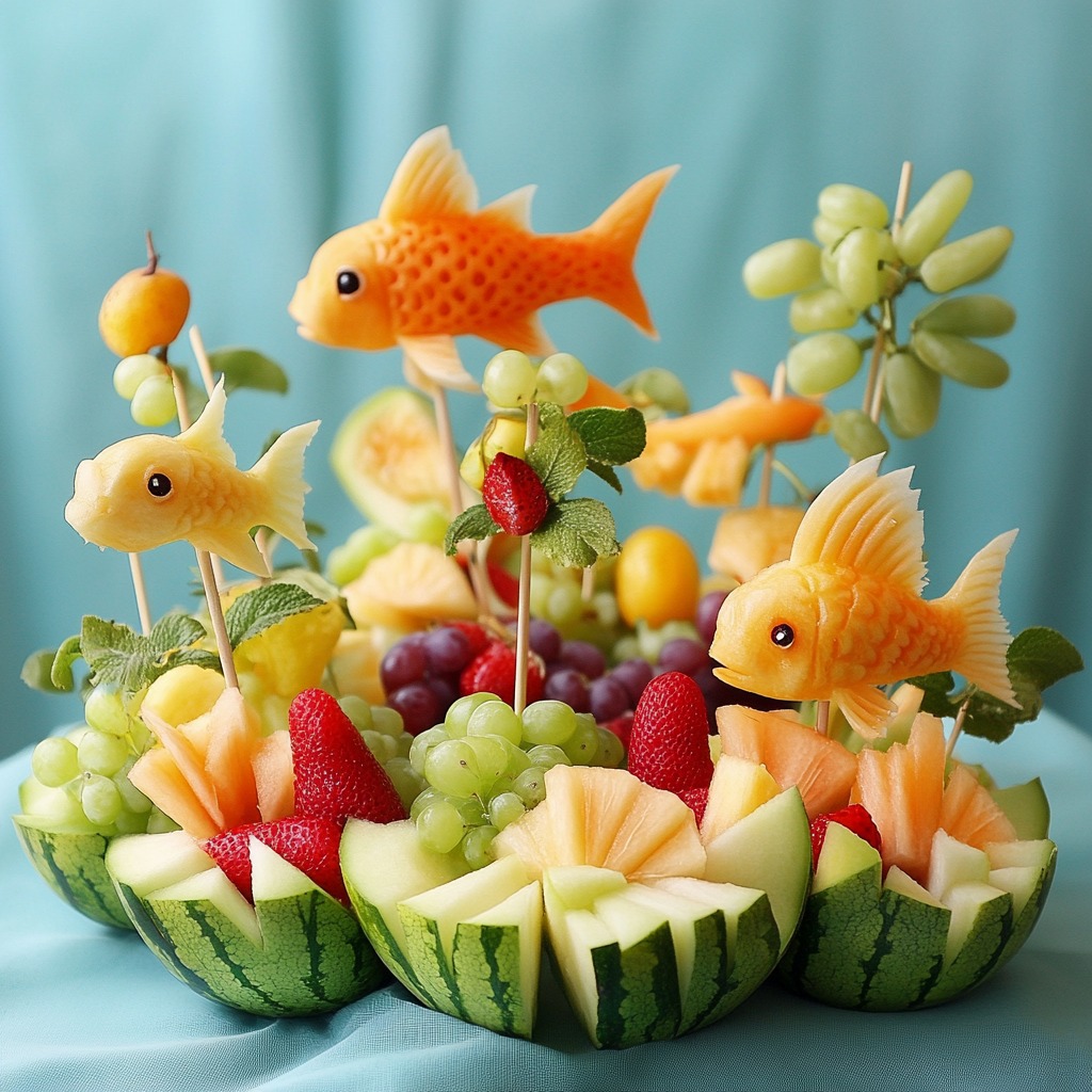Fruit art display with fish sculptures and watermelon bowls filled with berries and tropical fruits