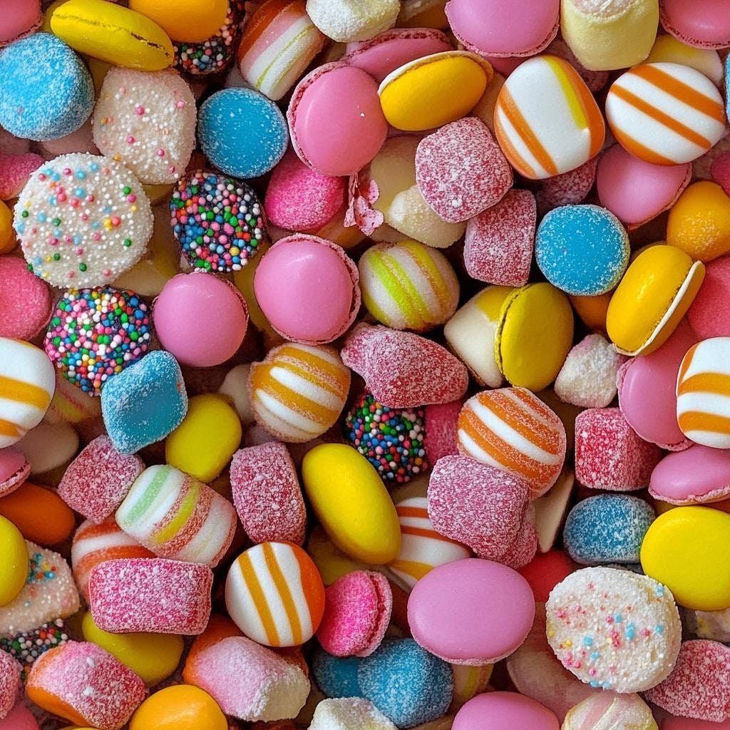 Colorful assorted candy including gumballs, jellybeans, and sugar-coated sweets in various patterns
