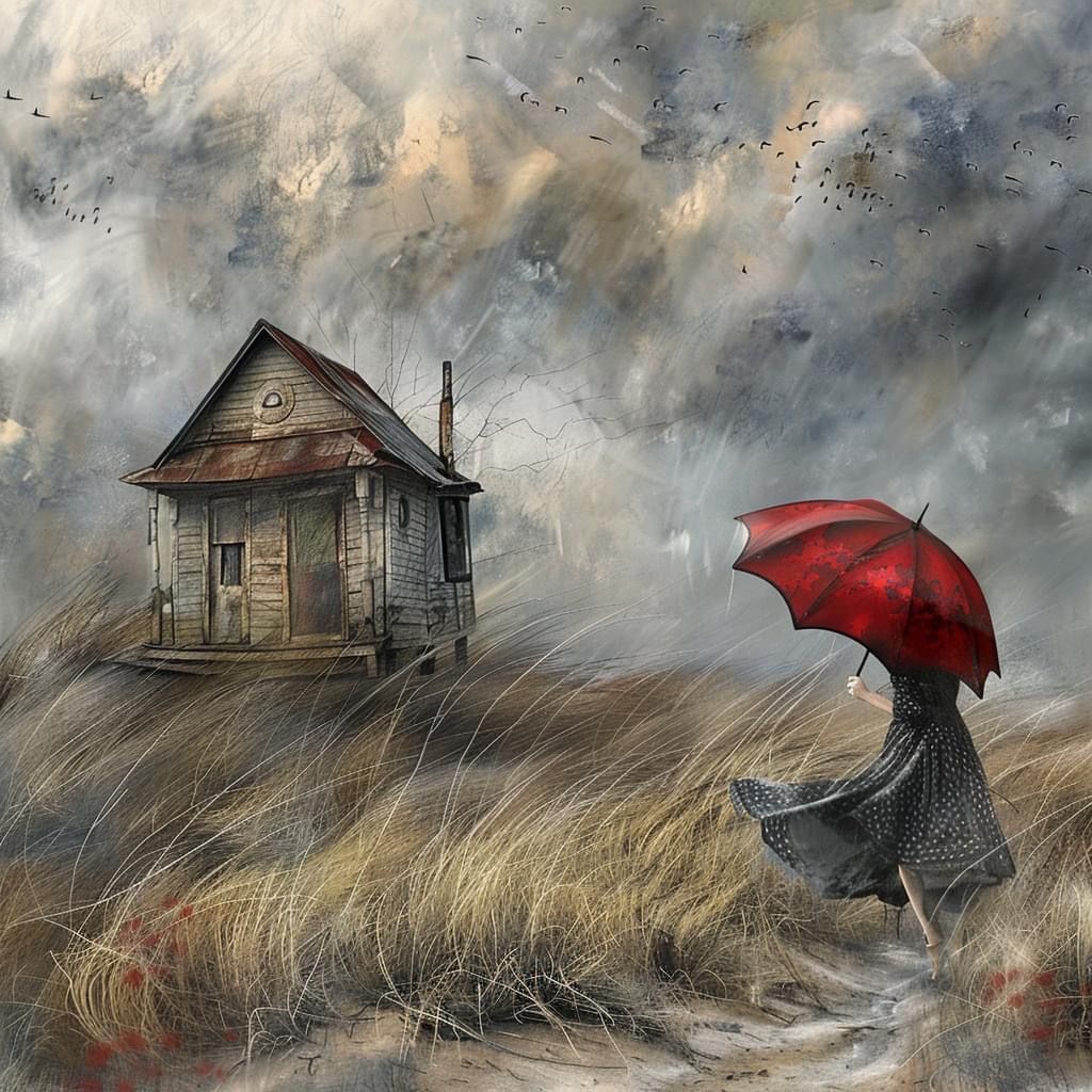 Person with red umbrella walking toward old cottage in stormy field