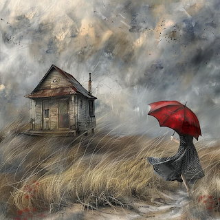 Abandoned Cottage Red Umbrella