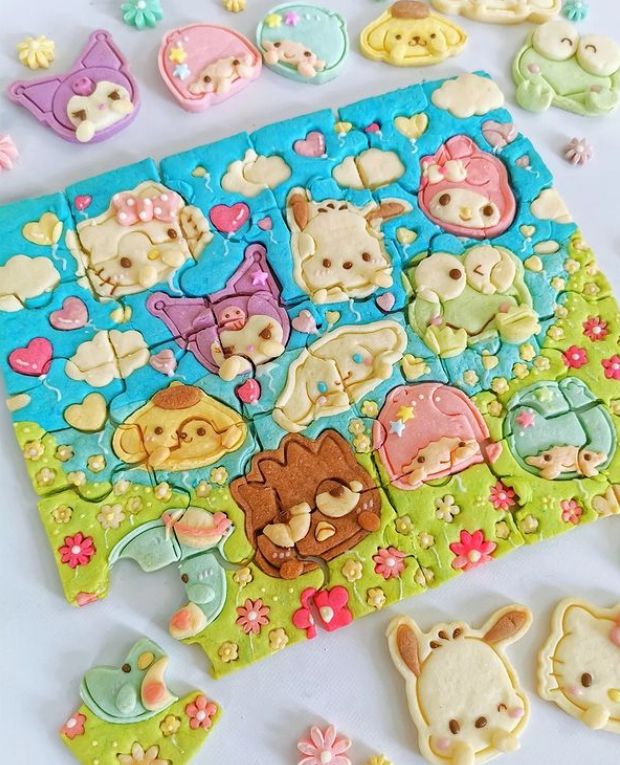 Decorated Sanrio character cookies including Hello Kitty