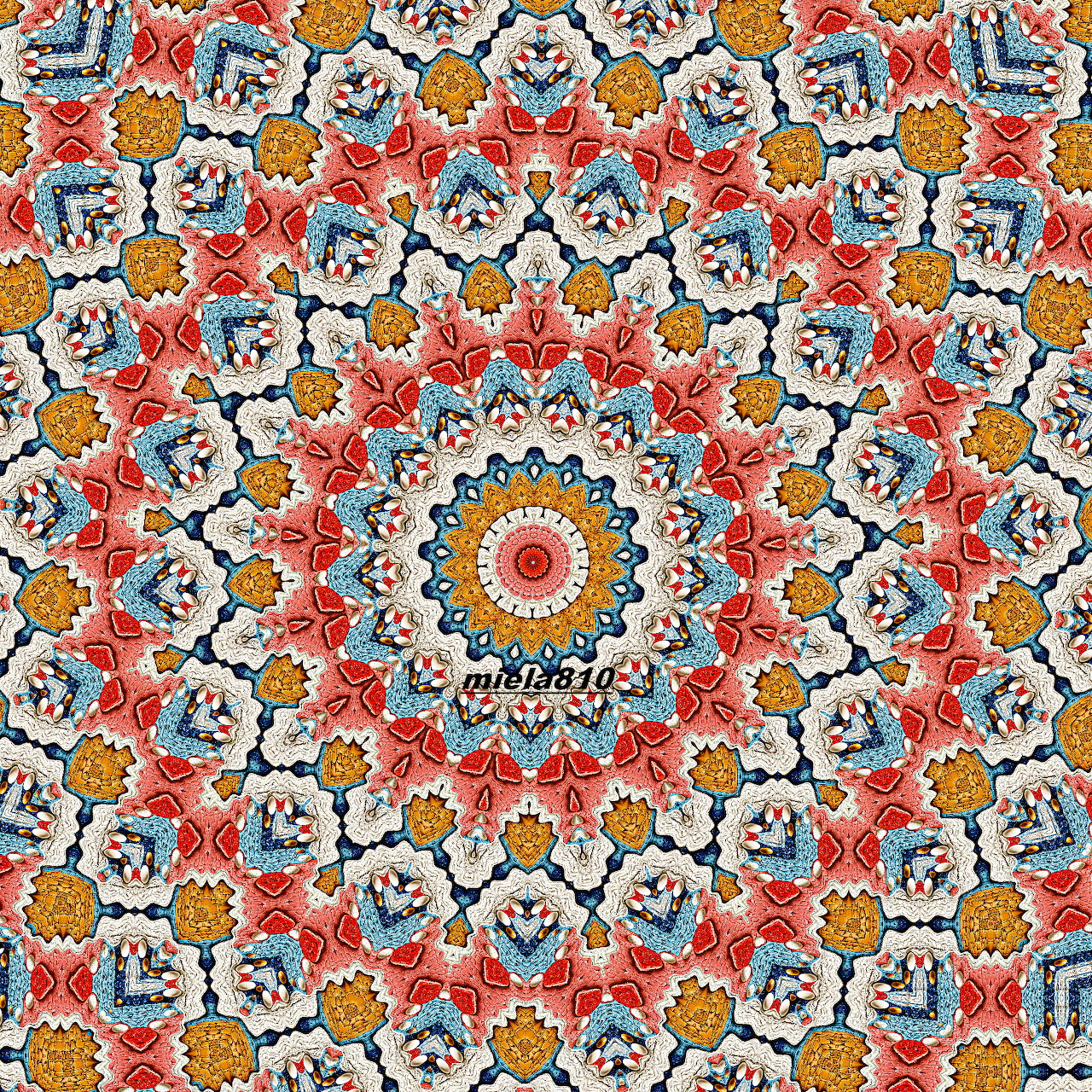 Symmetrical mandala with ornate floral patterns in warm and cool tones radiating from a golden center
