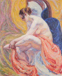 Impressionist painting of seated woman in orange drape on golden background