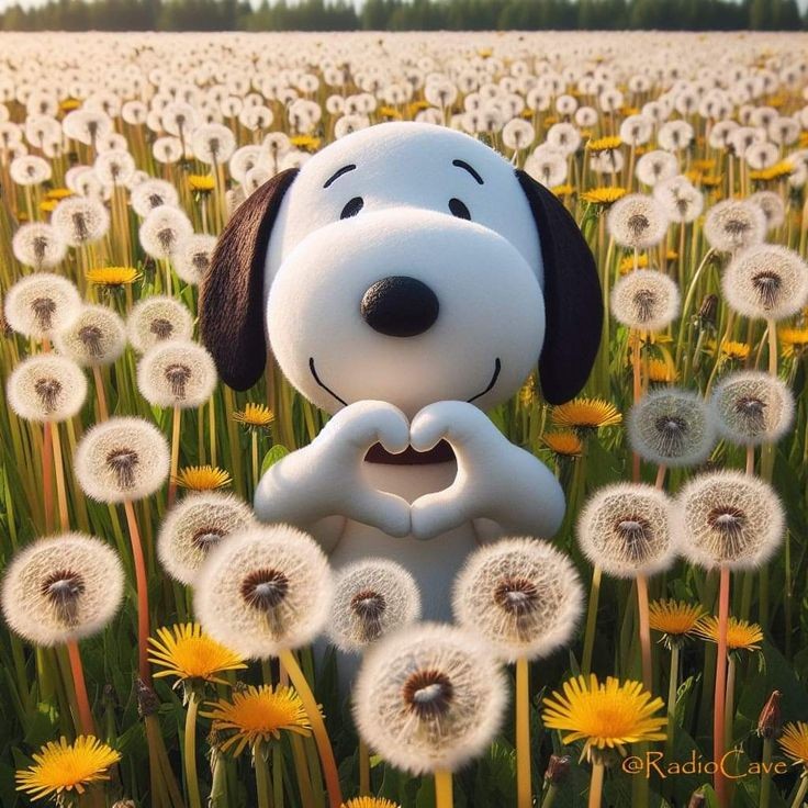 Smiling cartoon dog making a heart shape with its paws in a field of dandelions