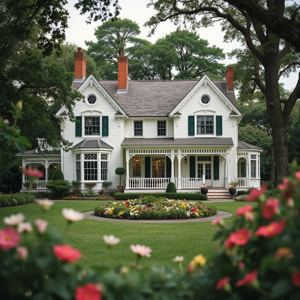 White colonial house with black shutters and wraparound porch in lush garden with pink roses and tall trees