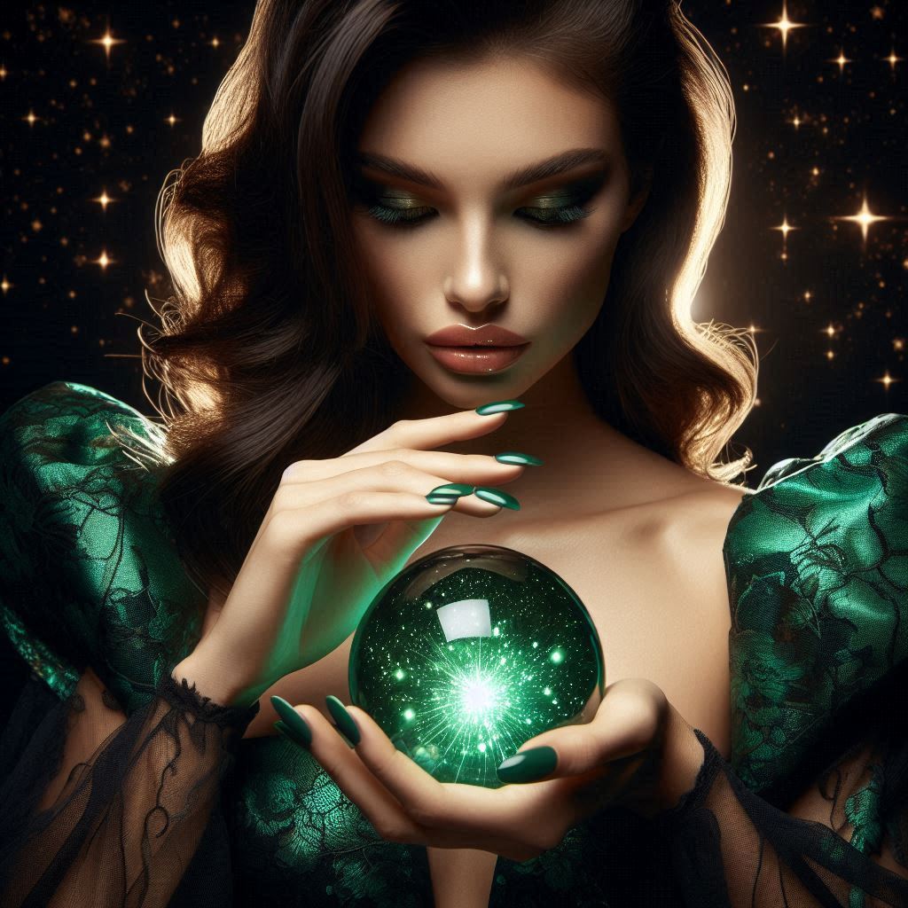 Stylized woman in a green dress holding a glowing crystal ball with stars behind her