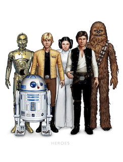 Six Star Wars main characters lined up including droids C-3PO and R2-D2, Luke, Leia, Han Solo, and Chewbacca