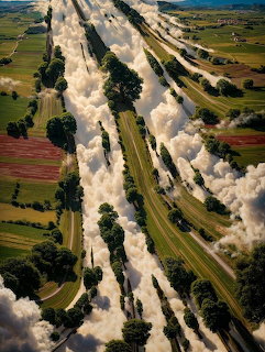 Aerial view of steam trains on parallel tracks through farmland with long white smoke plumes
