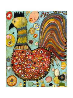 Colorful folk art painting of a decorative rooster with patterned body and abstract elements