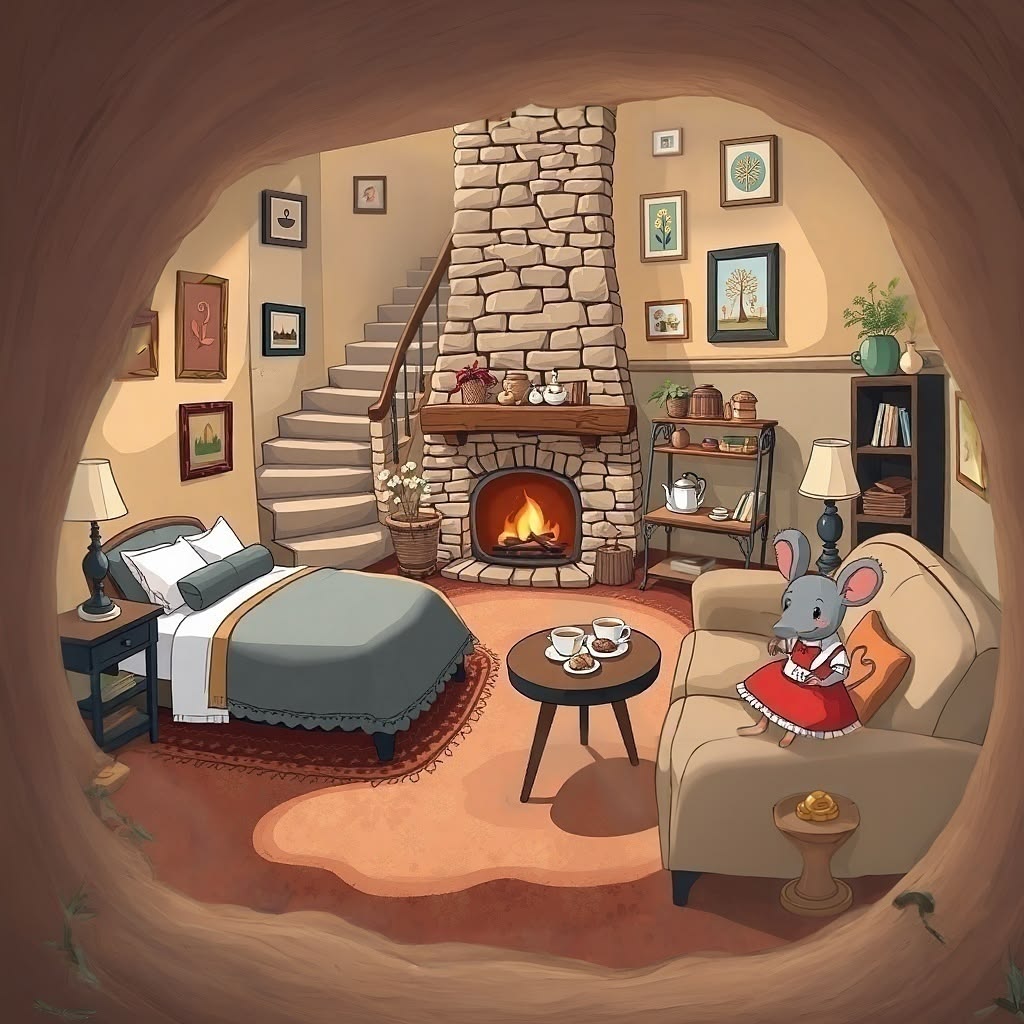 Illustrated cozy living room with stone fireplace, furniture, and framed pictures on walls seen through round opening