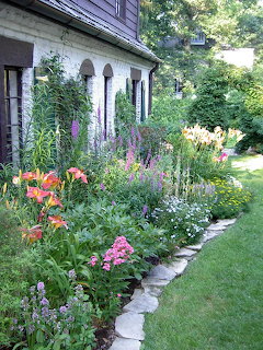 Vibrant cottage garden flower bed with mixed blooms bordering a green lawn and white house