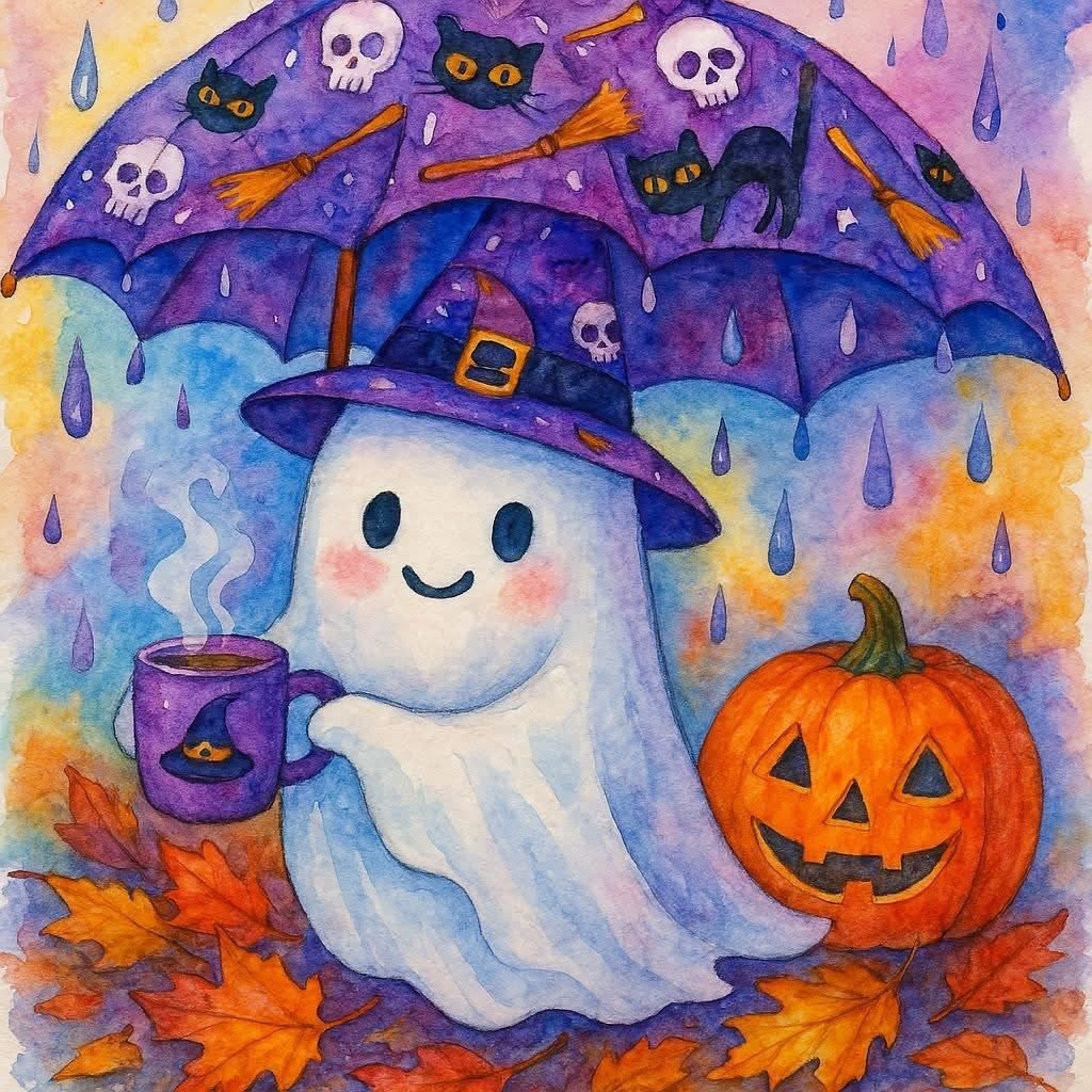 Watercolor illustration of a smiling ghost with witch hat holding coffee and pumpkin under a purple umbrella in rain