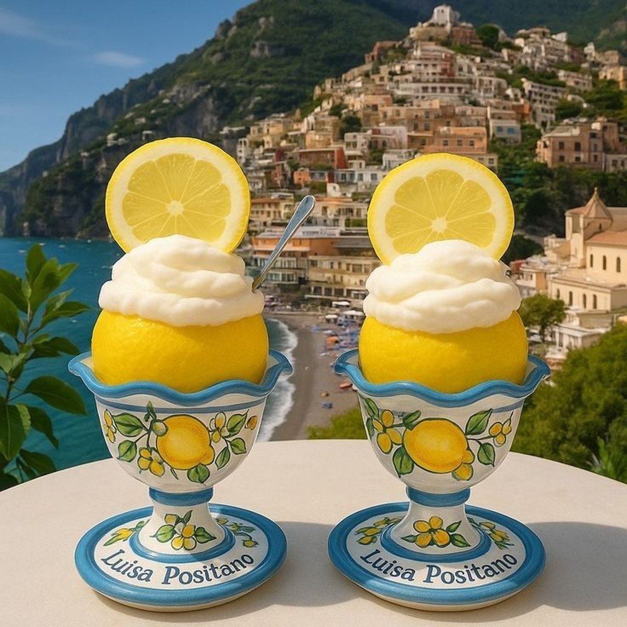 Two lemon dessert cups with whipped cream and lemon slices on a table overlooking Positano
