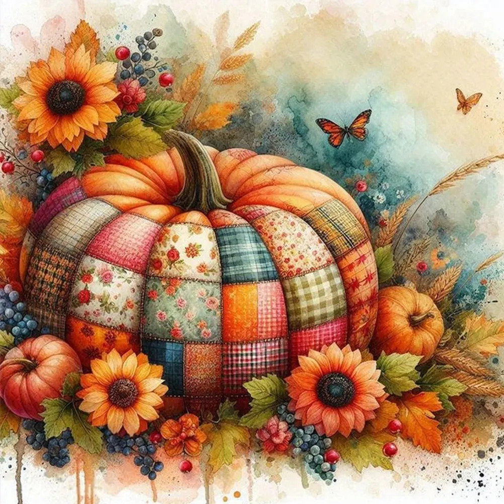 Watercolor patchwork pumpkin with sunflowers and autumn harvest arrangement