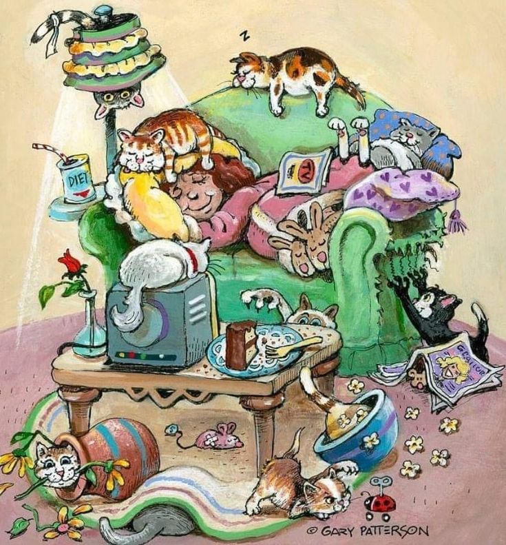 Watercolor illustration of many cats relaxing on a green armchair surrounded by various household objects