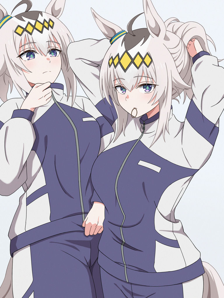 Two anime girls with white hair and horse ears in blue tracksuits from Umamusume