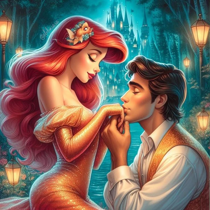 Illustration of Ariel and Prince Eric in a romantic scene by lanterns and water with a castle behind them