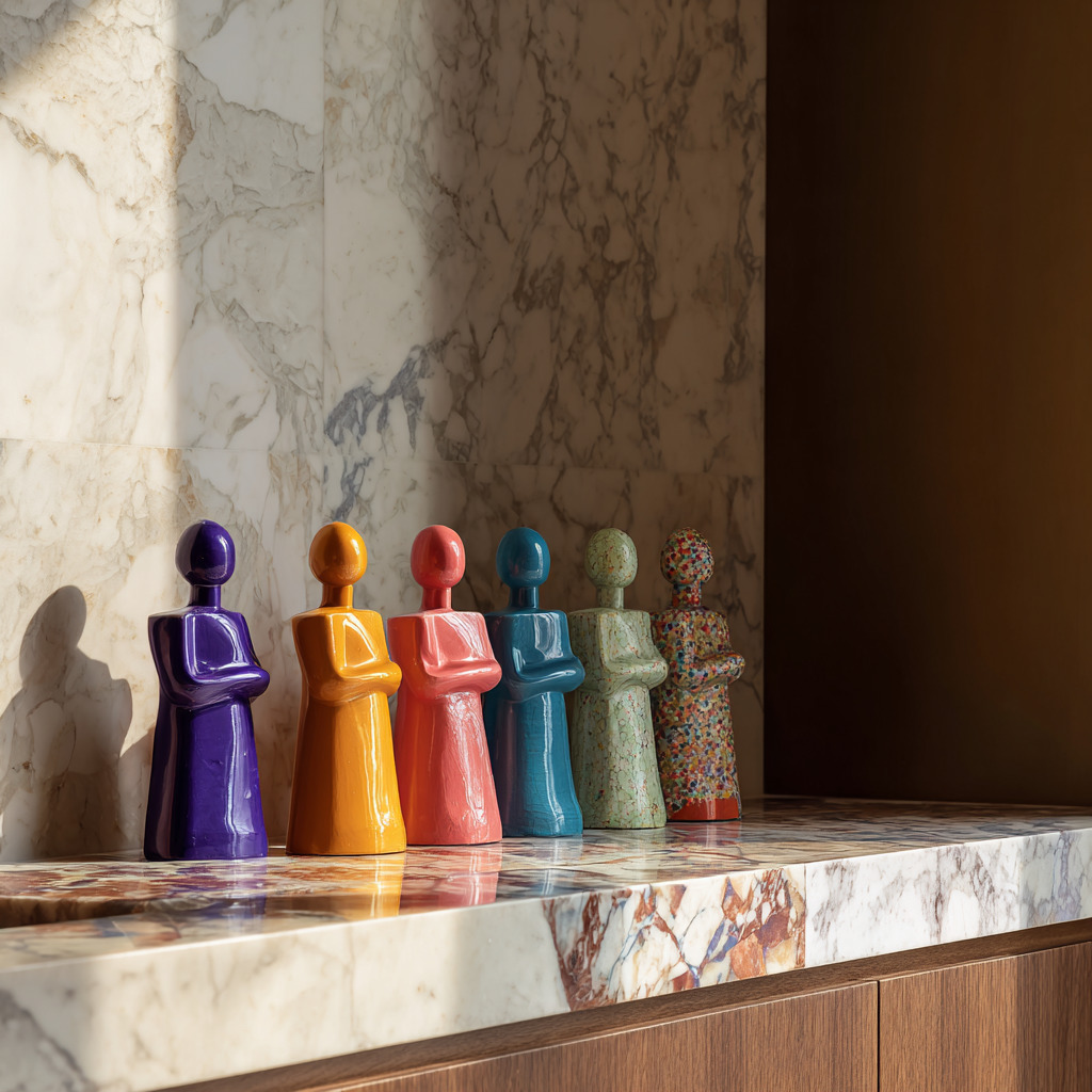 Five colorful figurines and a patterned statue on a marble shelf indoors