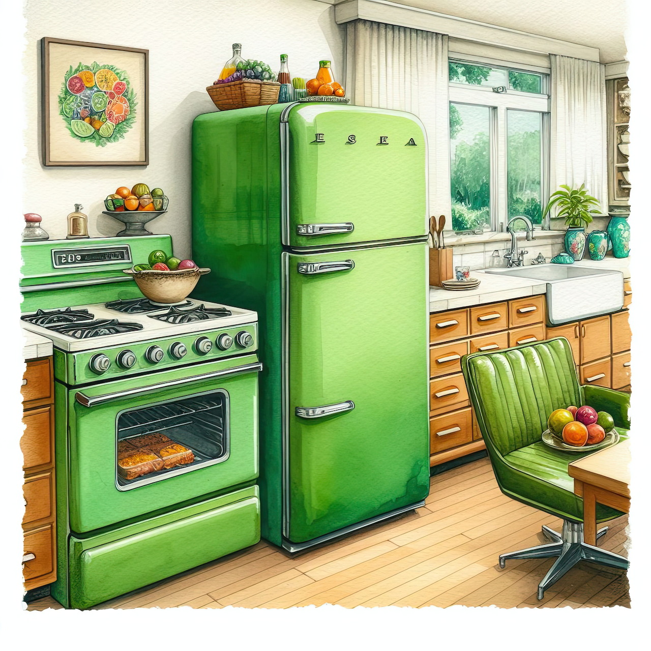 Retro kitchen with bright green vintage refrigerator and stove, wooden cabinets, and mid-century furnishings