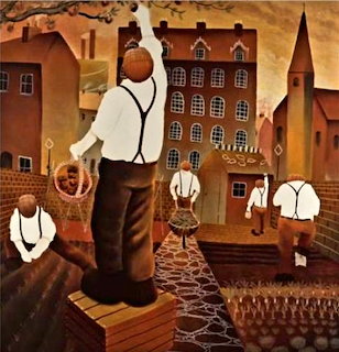 Stylized painting of man in white shirt standing in surreal garden cityscape with brown geometric buildings