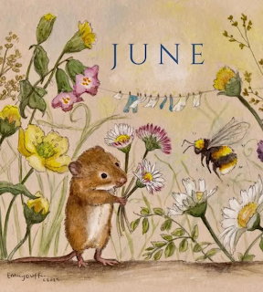 Illustration of a brown mouse standing among flowers with a bumblebee and June text above