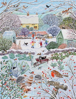 Whimsical winter village illustration with children, cottage, snowy trees and wildlife by Lucy Grossmith