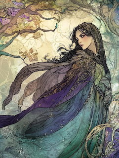 Illustrated woman in flowing purple gown under flowering tree with golden autumn leaves